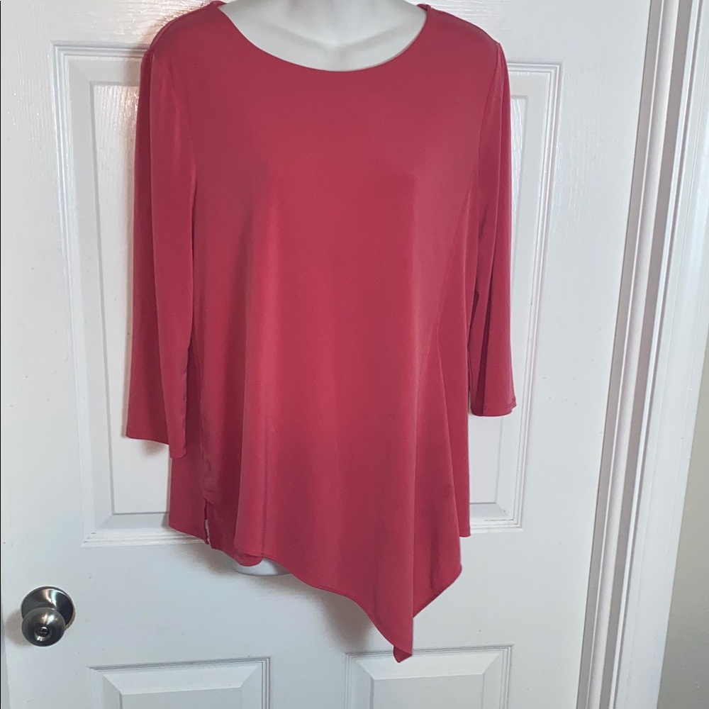 Chico's Coral Round Neck 3/4 Sleeve Polly Jersey Knit Tunic Top Asymmetrical